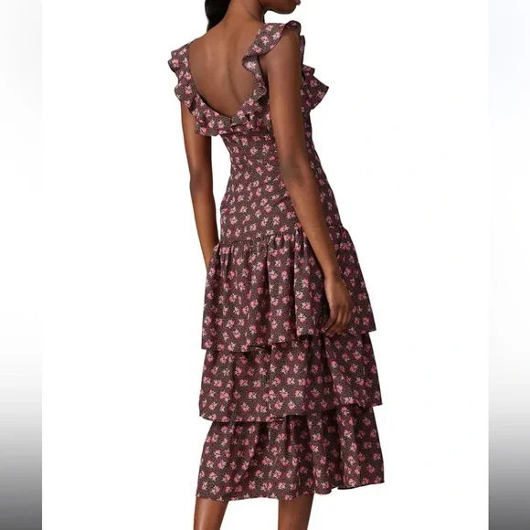 Likely Revolve Janie midi ditsy floral ruffle tiered dress black pink - Picture 4 of 7
